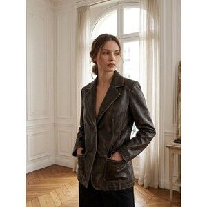 Vintage RVT Brown Faux Leather Jacket S | Elbow Patches & Button Front